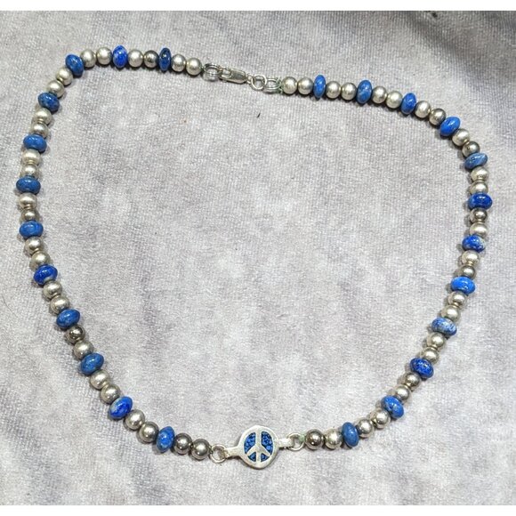 Vintage Hippie Peace Sign Lapis And Silver Tone Beaded Necklace - Picture 6 of 6